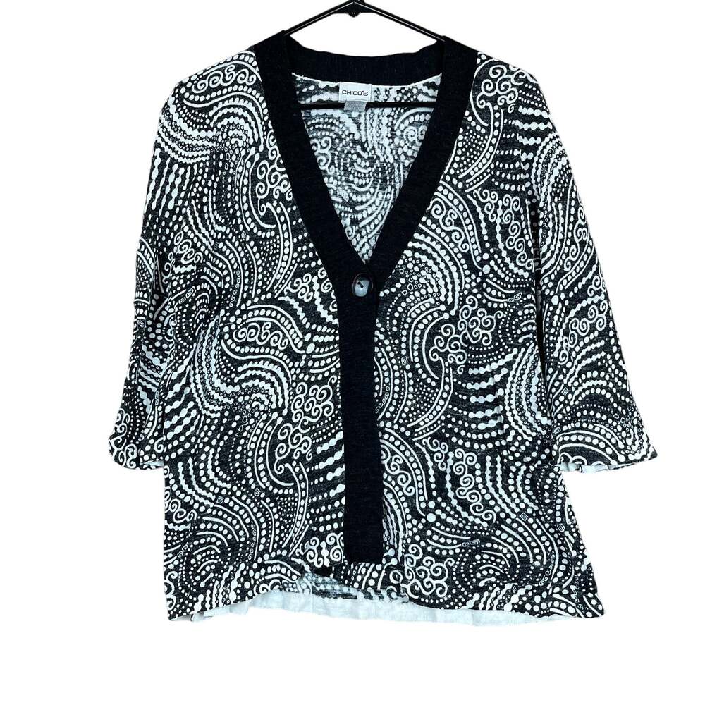 Chicos Women Top Black White Lightweight Cardigan Linen 3/4 Flare Sleeve 2 (L)